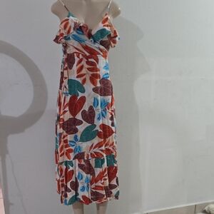 Floral Leaf Print Spaghetti Strap Midi Dress - White Multi